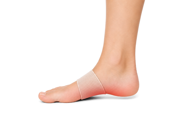 Foot wearing an arch support sleeve with the arch highlighted